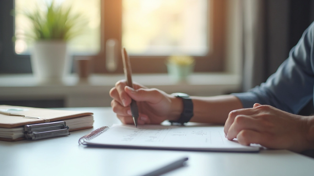 Человек ведет записи в финансовом планировщике за современным столом