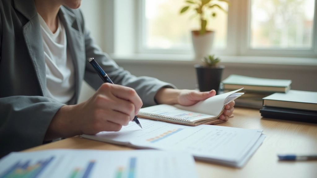 Человек ведет записи в финансовом планировщике за современным столом