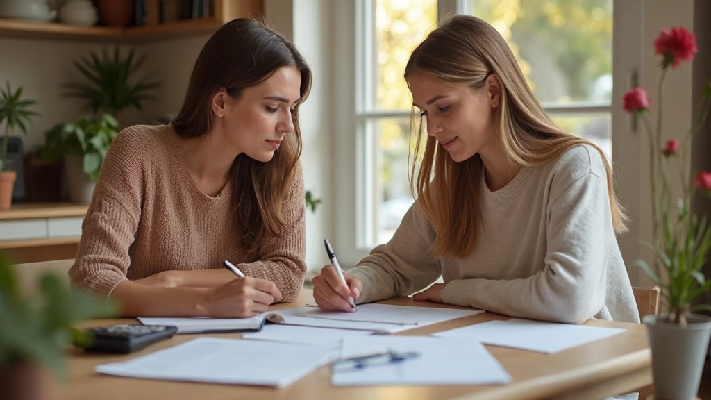 Молодая семья обсуждает семейный бюджет на кухне с документами