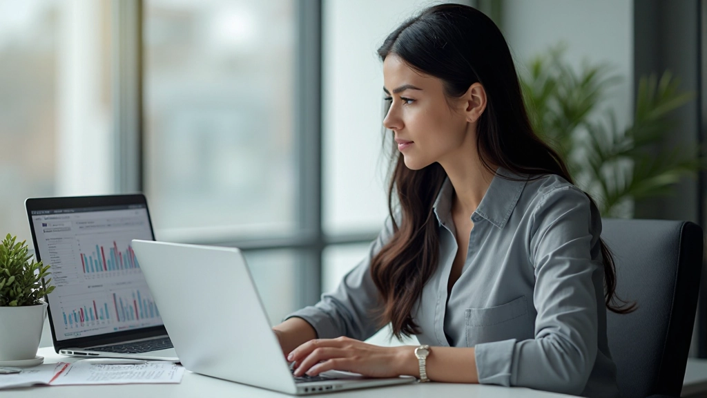 Женщина анализирует финансовые данные на ноутбуке с графиками